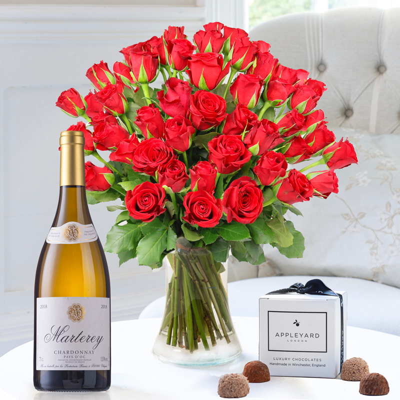 Flower Gift Set - 50 Red Roses, Marterey Chardonnay & 6 Mixed Truffles - Next Day Flower & Gift Delivery UK - Appleyard London