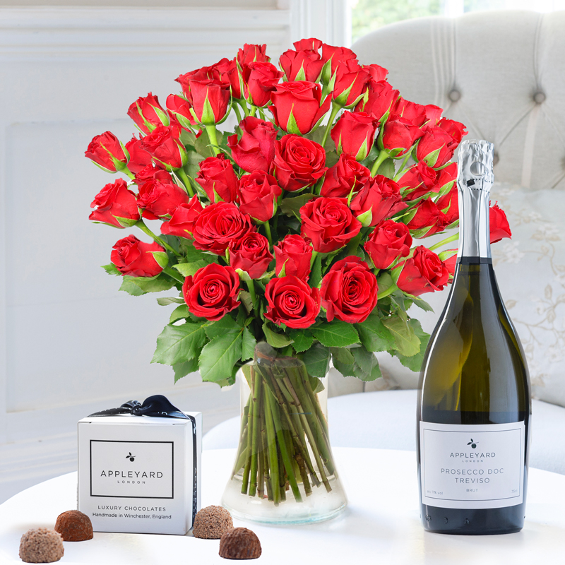 Flower Gift Set - 50 Roses, Prosecco & 6 Mixed Truffles - Red - Next Day Flower & Gift Delivery UK - Appleyard London