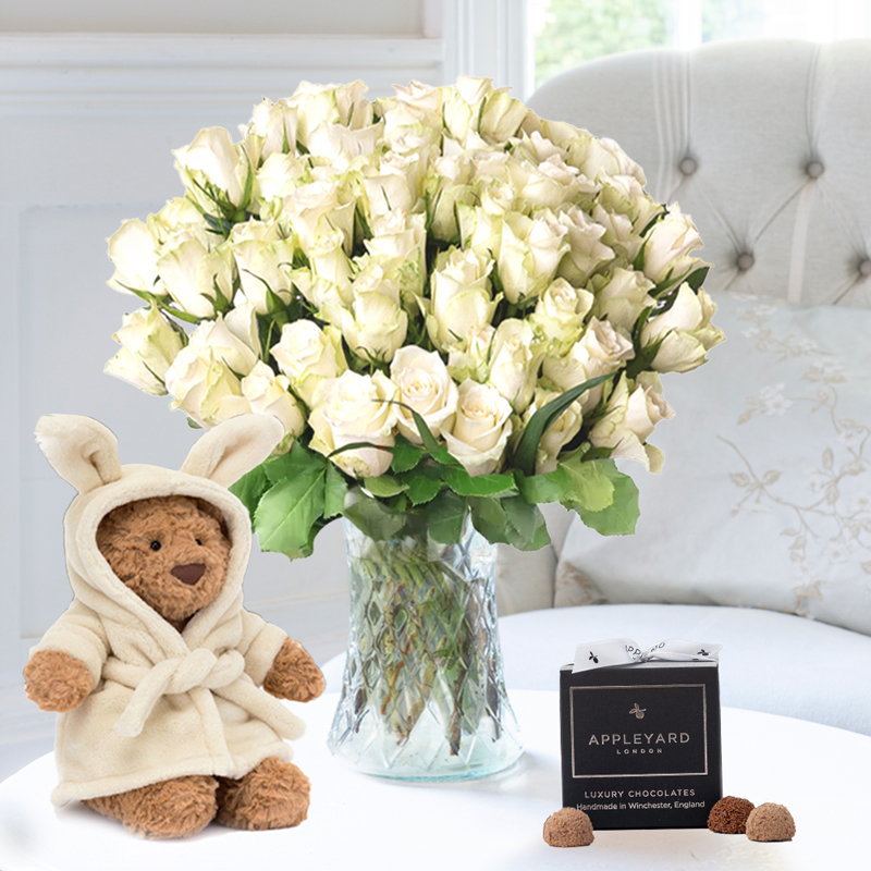 Flower Gift Set - 50 White Roses, Jellycat Bartholomew Bear Bathrobe & 12 Appleyard Truffles - Hand-Tied Flowers - Next Day Flower & Gift