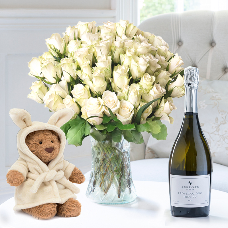 Flower Gift Set - 50 White Roses, Jellycat Bartholomew Bear Bathrobe & Appleyard Prosecco - Hand-Tied Flowers - Next Day Flower & Gift
