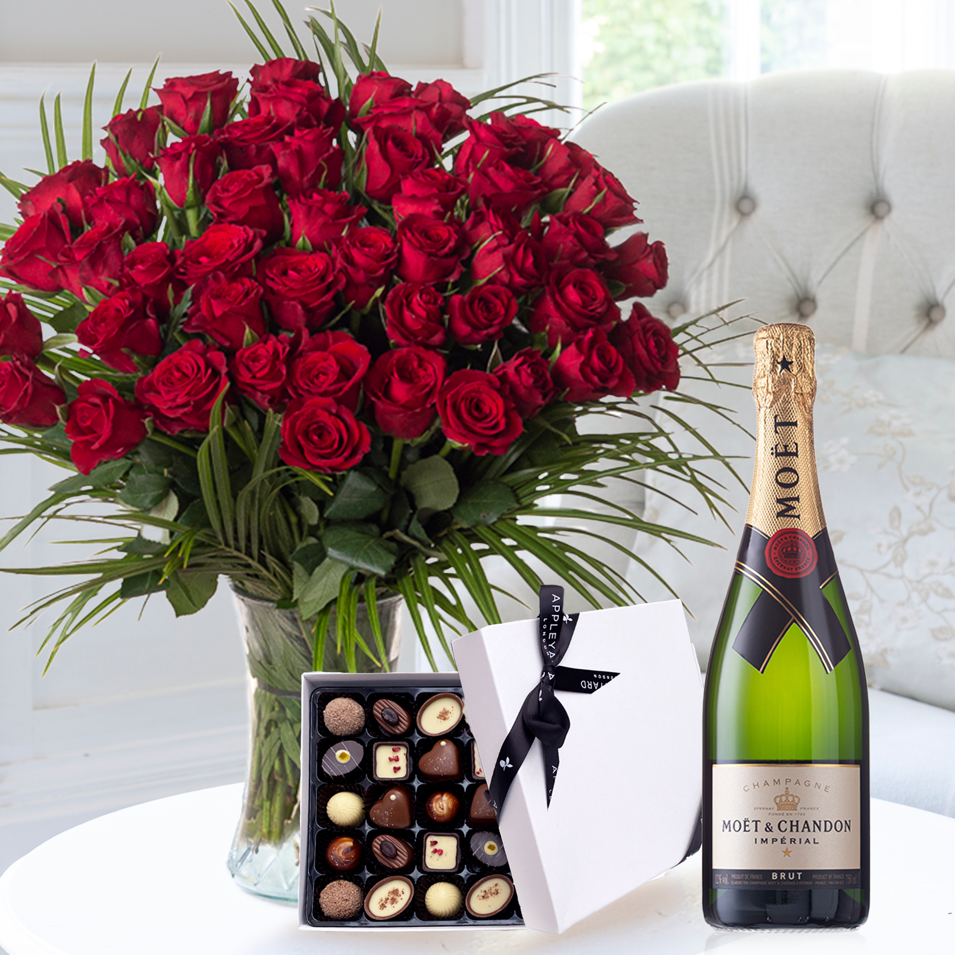 Flowers & Champagne 50 Luxury Red Roses, Moët & Chandon & 25 Chocolates - Romantic Gift Set - Flowers with Champagne and Chocolates - Next Day Flower