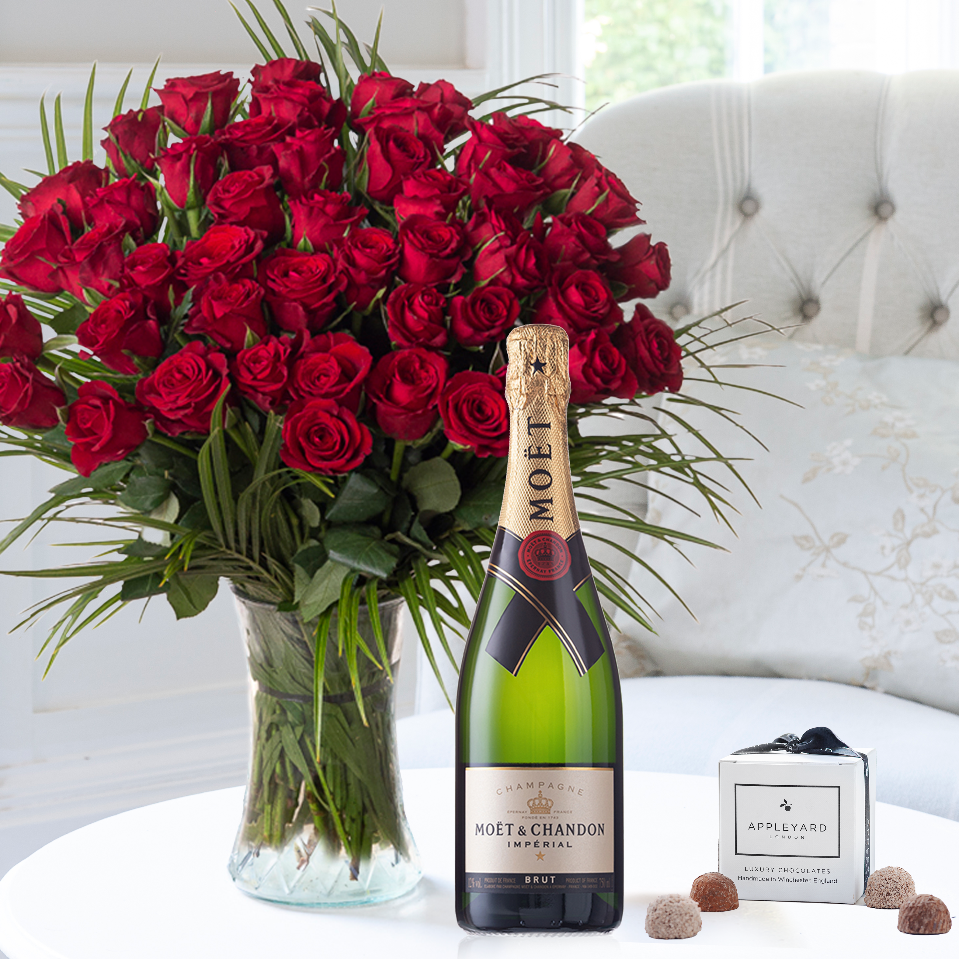 Flower Gift Set - 50 Luxury Red Roses, Moët & Chandon & 6 Mixed Truffles - Next Day Flower & Gift Delivery UK - Appleyard London