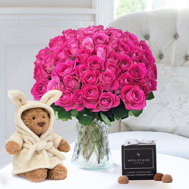 Flower Gift Set - 50 Pink Roses, Jellycat Bartholomew Bear Bathrobe & 12 Appleyard Truffles - Next Day Flower & Gift Delivery UK - Appleyard