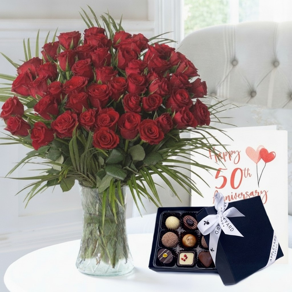 50th Anniversary Gift Flower Gift Set - Anniversary Gift - Red Roses with Chocolates - Next Day Flower & Gift Delivery UK - Appleyard London