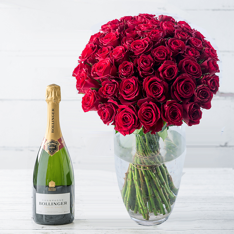 50 Luxury Red Roses & Bollinger Special Cuvee NV