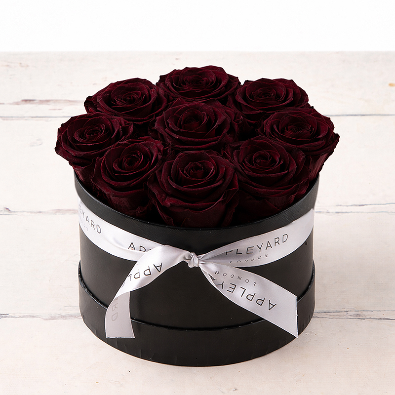 Forever Burgandy Rose Hatbox - Lasts A Year - Hatbox Flowers - - Flower Bouquet - Next Day Flower Delivery UK - Appleyard London
