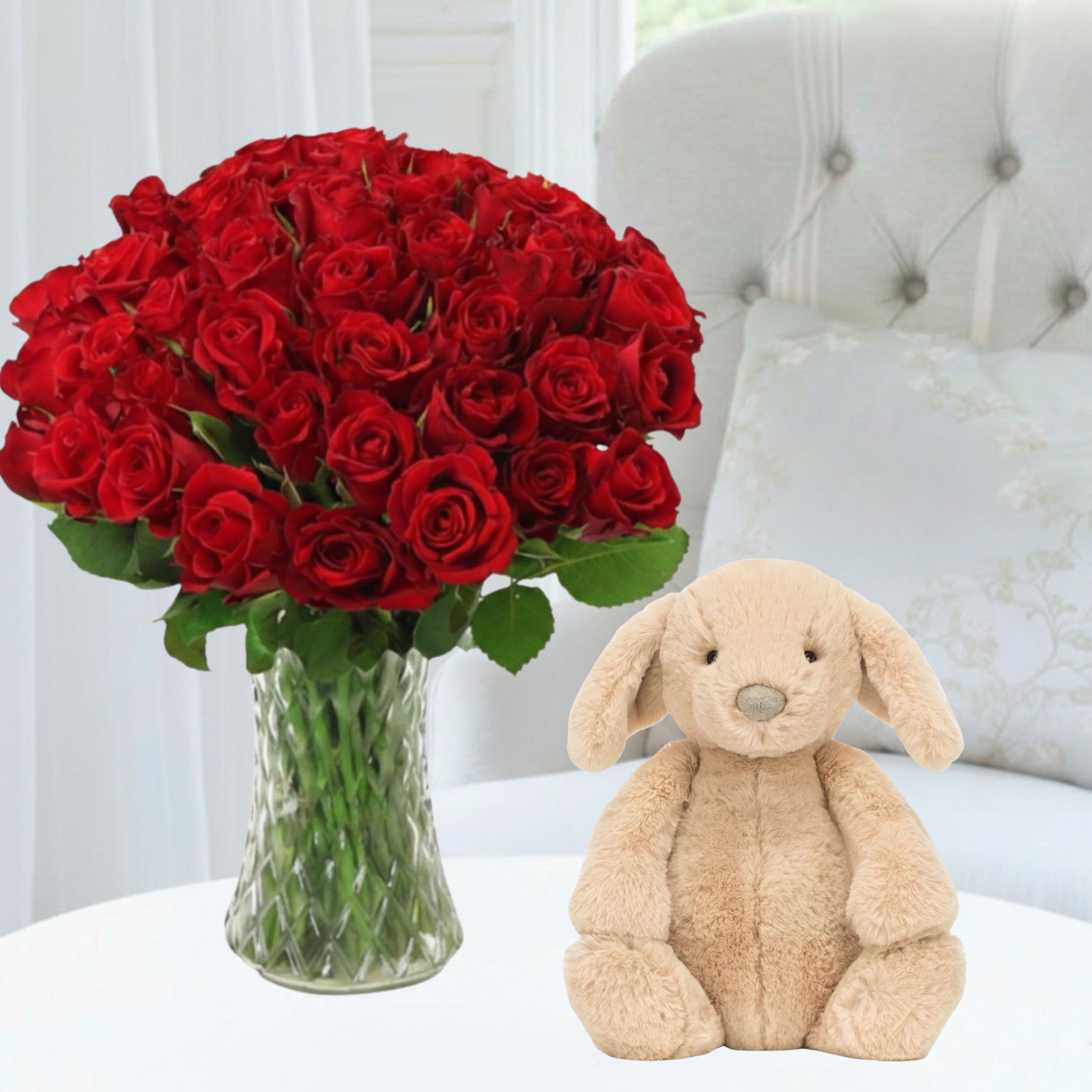 Flowers & Jellycat - 50 Red Roses, Bashful Luxe Puppy Orlando Original - Hand-Tied Flowers - Next Day Flower & Gift Delivery UK - Appleyard London