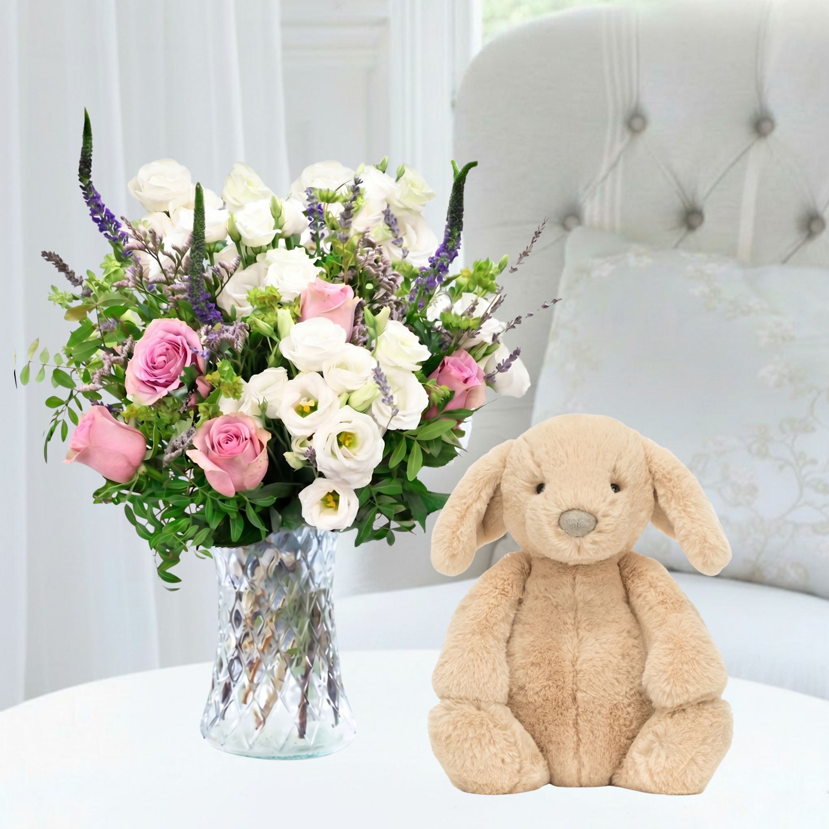 Flowers & Jellycat Scented Lavender, Bashful Luxe Puppy Orlando Original - Hand-Tied Flowers - Next Day Flower & Gift Delivery UK - Appleyard London