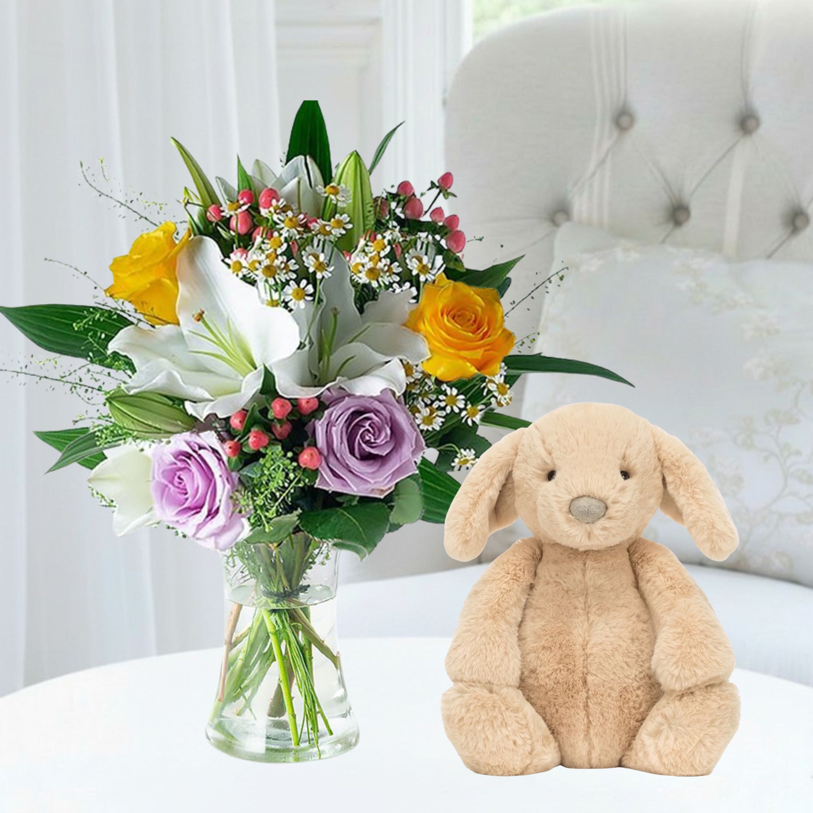 Flower Gift Set - Glaze, Jellycat Luxe Puppy Orlando - White - Chrysanthemum & Hypericum Berry - Next Day Flower & Gift Delivery UK - Appleyard