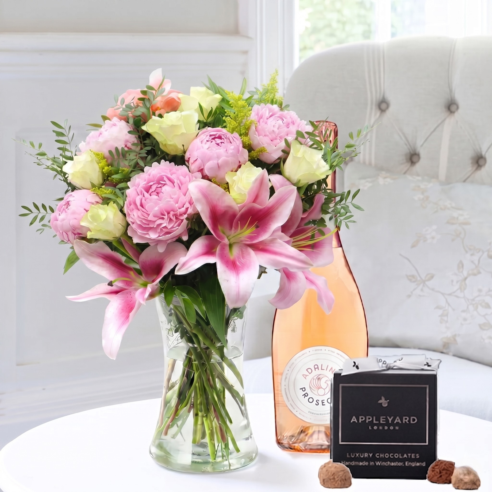 Flower Gift Set Pink Peonies, White Roses & Pink Lilies - Pink Peonies Gift Set - Flowers, Vase & Chocolates - Next Day Flower & Gift Delivery UK -
