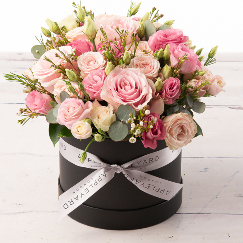 Affection Hatbox - Black - Eucalyptus & Gypsophilla - Flower Bouquet - Next Day Flower Delivery UK - Appleyard London