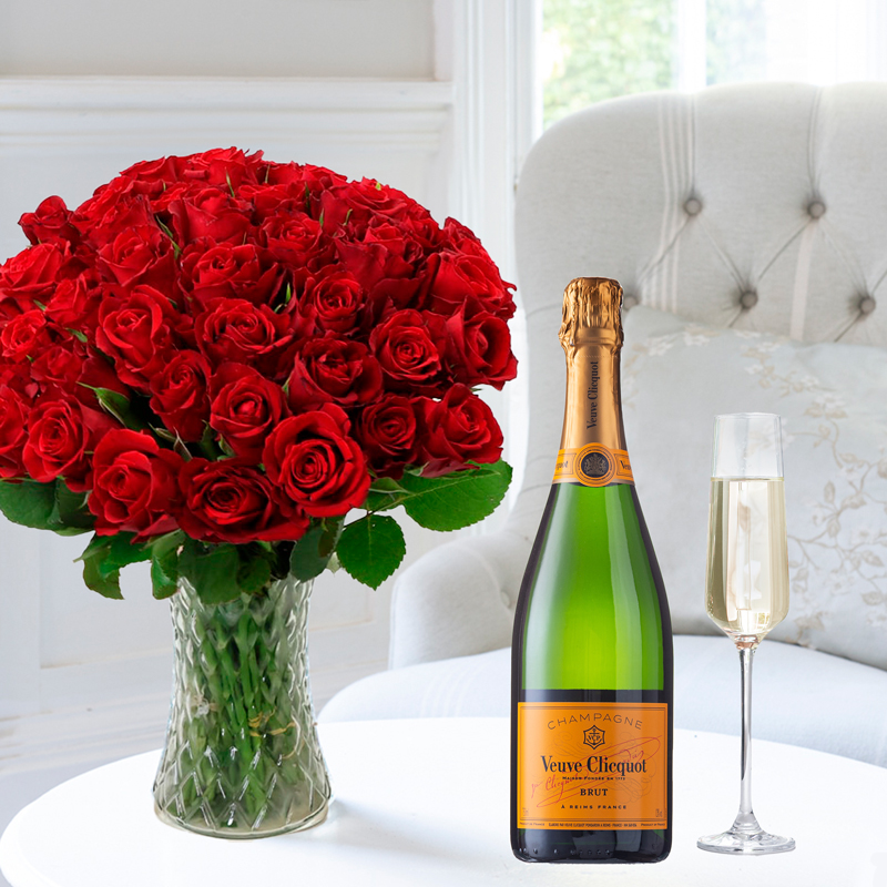 Flowers & Champagne - 50 Red Roses & Veuve Clicquot - Next Day Flower & Gift Delivery UK - Appleyard London