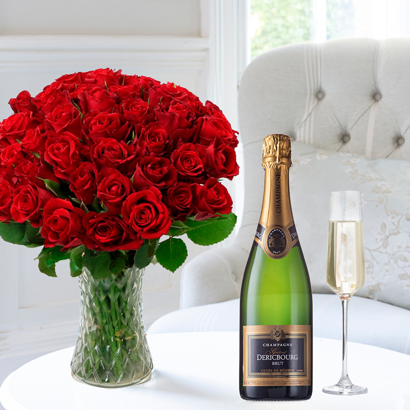 Flowers & Champagne - 50 Red Roses & Champagne Dericbourg - Next Day Flower & Gift Delivery UK - Appleyard London