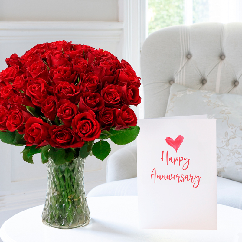 Anniversary Flower Gift Set - 50 Red Roses & Anniversary Gift Card - Luxury Hand - Tied Bouquets & Gifts - Next Day Flower & Gift Delivery UK -