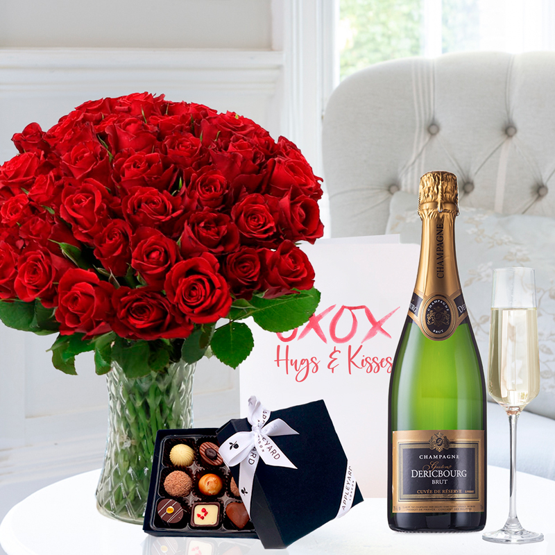 Romance Flower Gift Set - 50 Red Roses, Dericbourg Champagne, Box Of 9 Chocolates & Card - Luxury Hand - Tied Bouquets & Gifts - Next Day Flower &