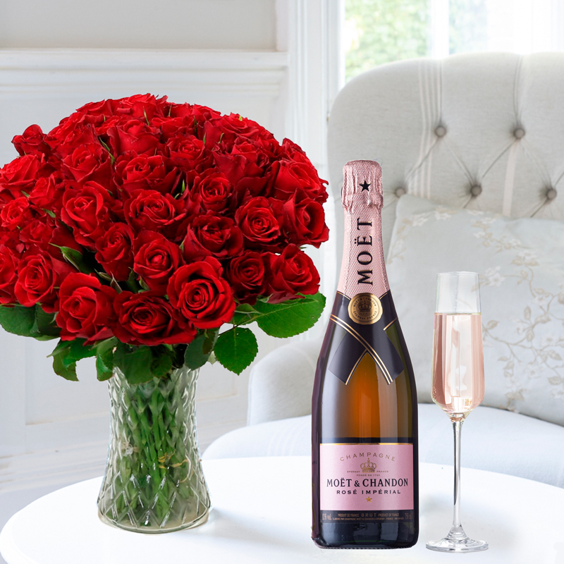Flowers & Champagne - 50 Red Roses & Moët Rosé - Next Day Flower & Gift Delivery UK - Appleyard London