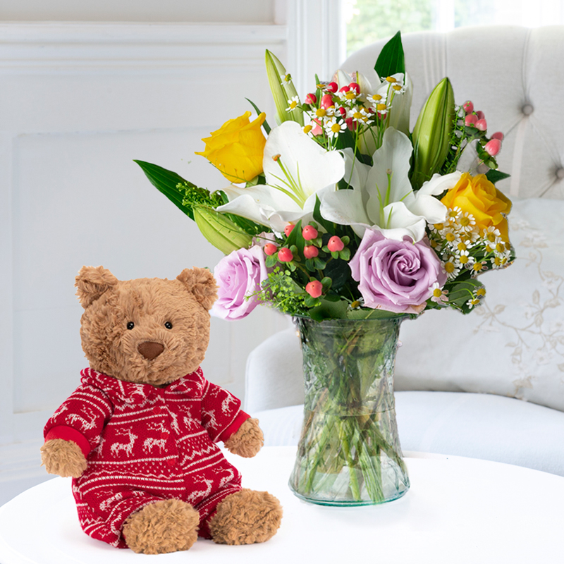 Flower Gift Set - Lilac Roses With Fragrant Lilies - Jellycat Bartholomew Bear Winter Pyjamas - Flowers & Gifts Delivered - Next Day Flower & Gift