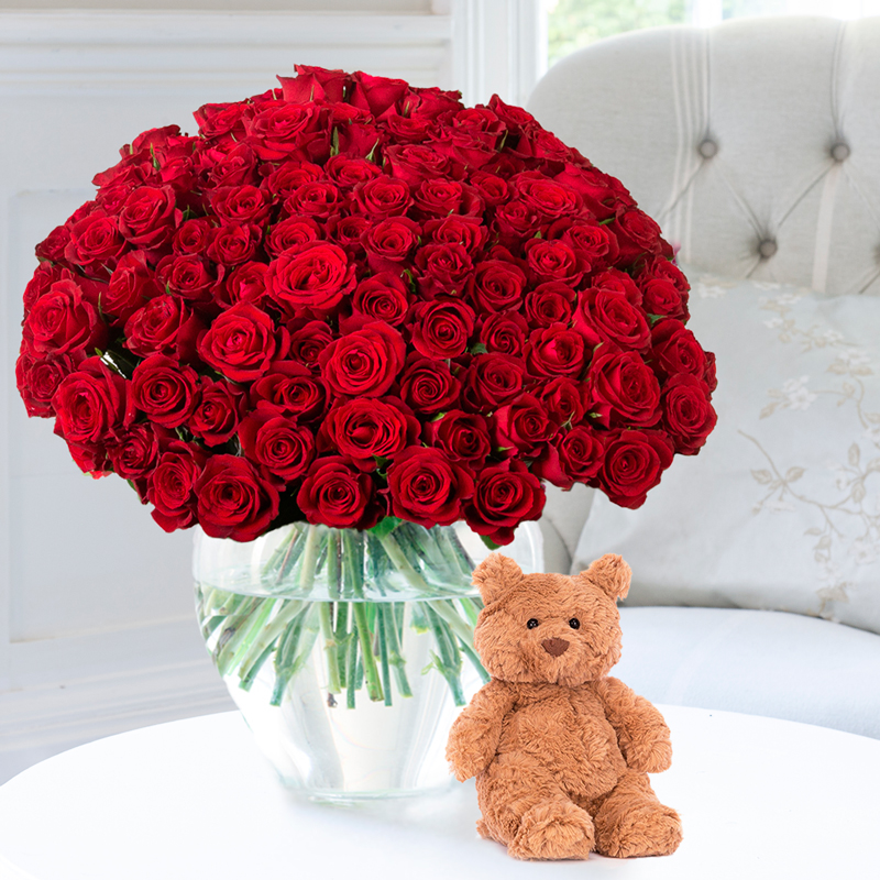New Baby Flower Gift Set - 100 Luxury Red Roses & Jellycat Bartholomew Bear - Next Day Flower & Gift Delivery UK - Appleyard London