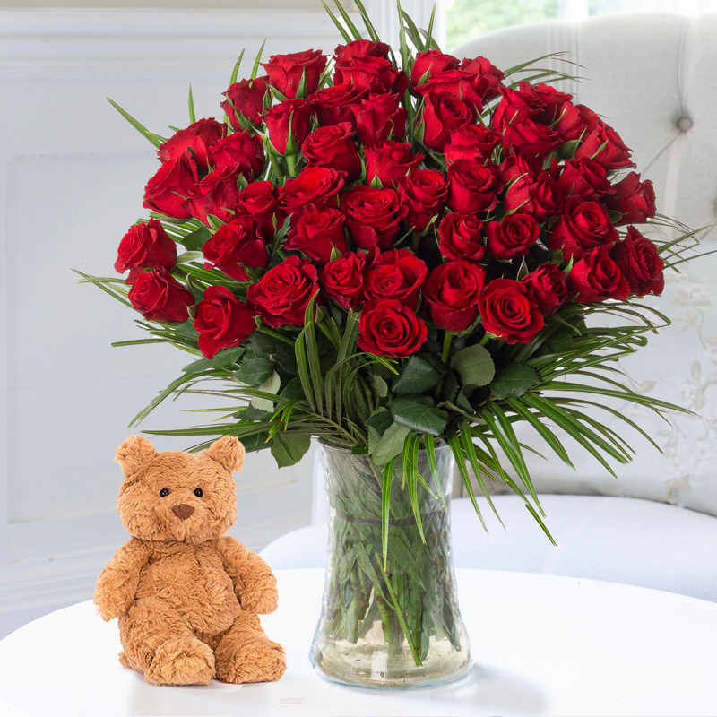 Flower Gift Set - 50 Luxury Red Roses & Jellycat Bartholomew Bear - Next Day Flower & Gift Delivery UK - Appleyard London