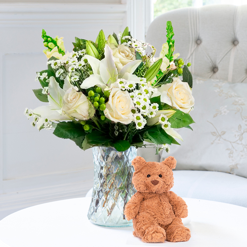 Flower Gift Set - Simply Rose & Lily & Jellycat Bartholomew Bear - White - Antirrhinum & Chrysanthemum - Next Day Flower & Gift Delivery UK