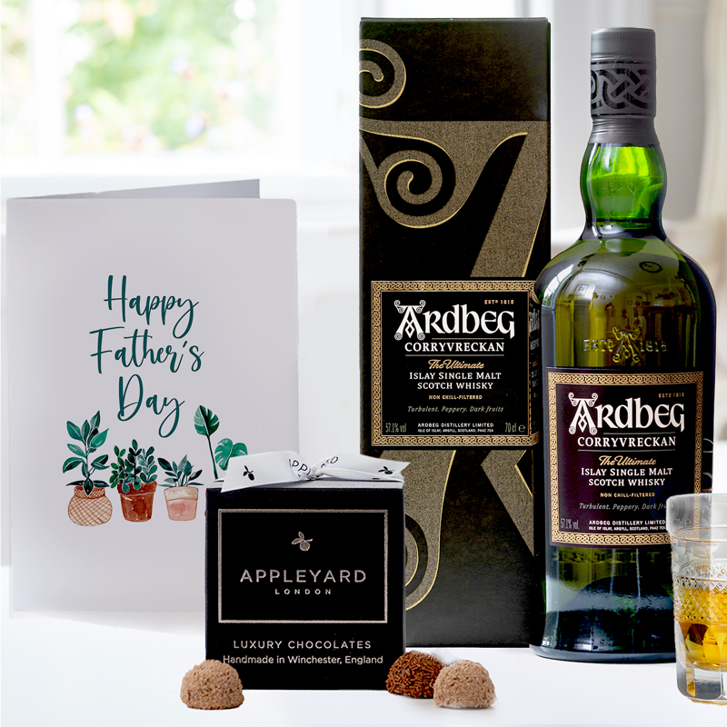 Ardbeg Corryvreckan With Giftbox, 12 Handmade Chocolate Truffles & Father's Day Card - Hamper - Next Day Hamper Gift Delivery UK - Appleyard London