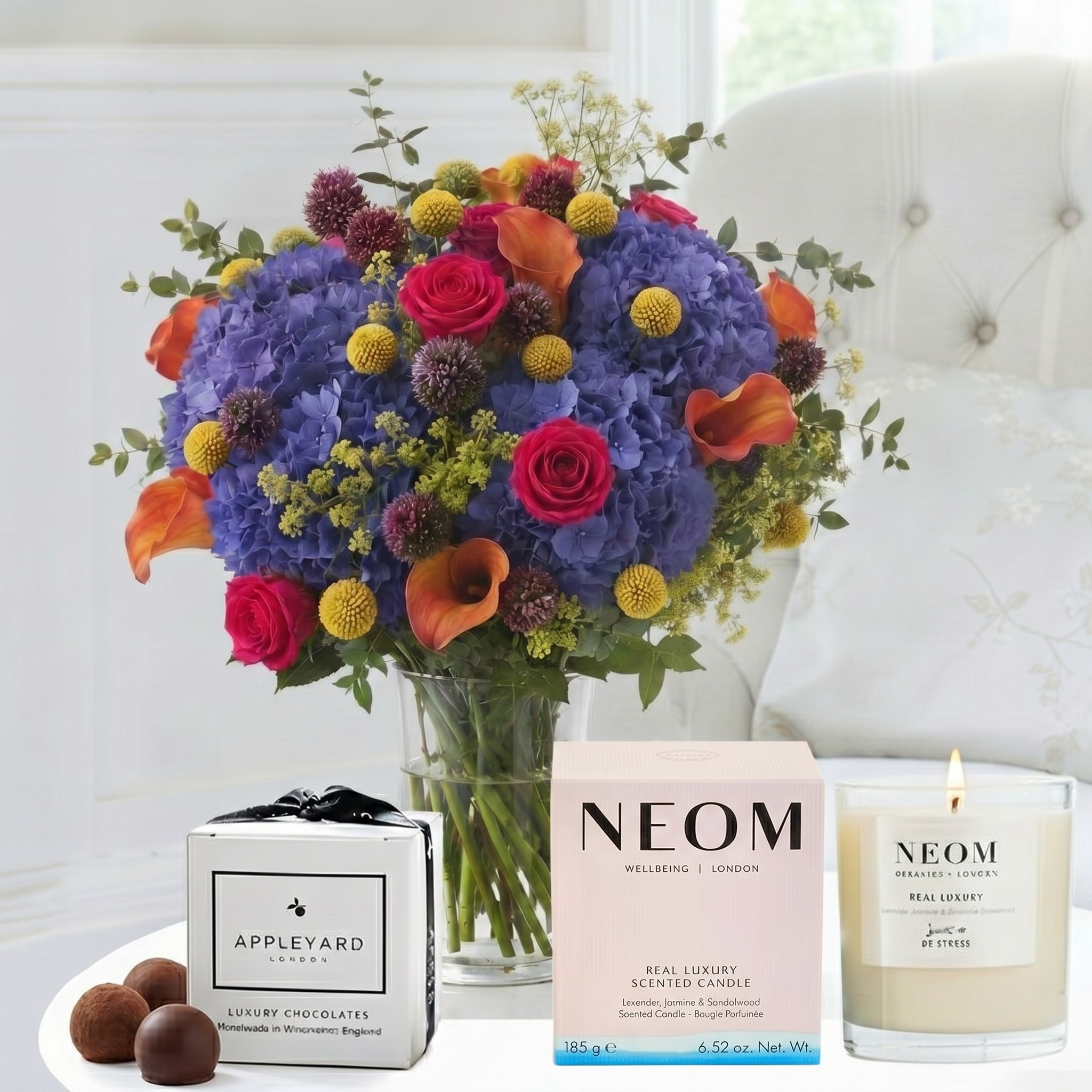 Flower Gift Set - Aurora, NEOM Luxury Candle & 6 Mixed Truffles - Yellow - Lilies & Roses - Next Day Flower & Gift Delivery UK - Appleyard