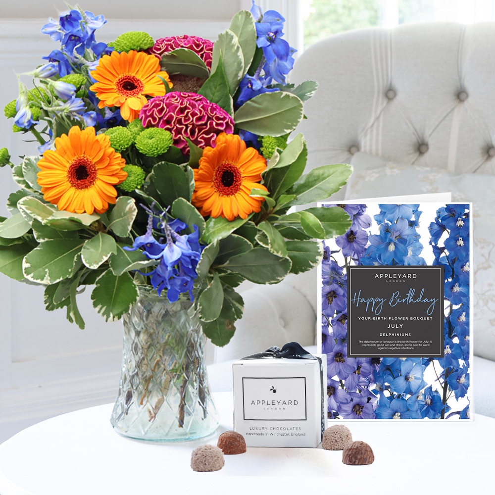 Birthday Flower Gift Set July Birthday Bouquet Gift Set - Flowers, Chocolate Truffles & Birthday Card - Blue - Next Day Flower & Gift Delivery UK
