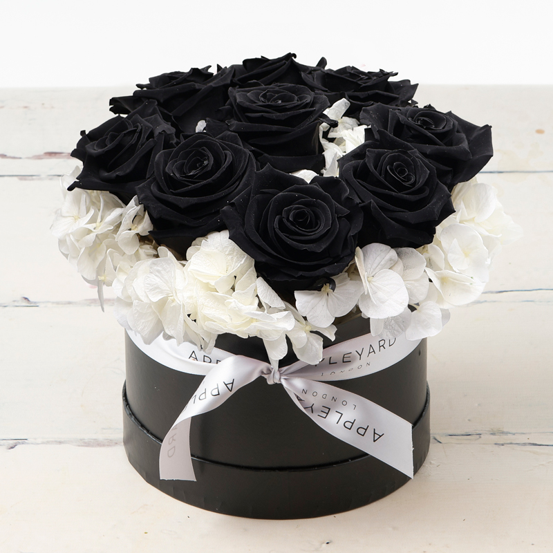 Forever Rose Black & White Hatbox - Preserved Black Preserved Roses & White Hydrangeas - Lasts A Year - Hatbox Flowers - Flower Bouquet - Next Day