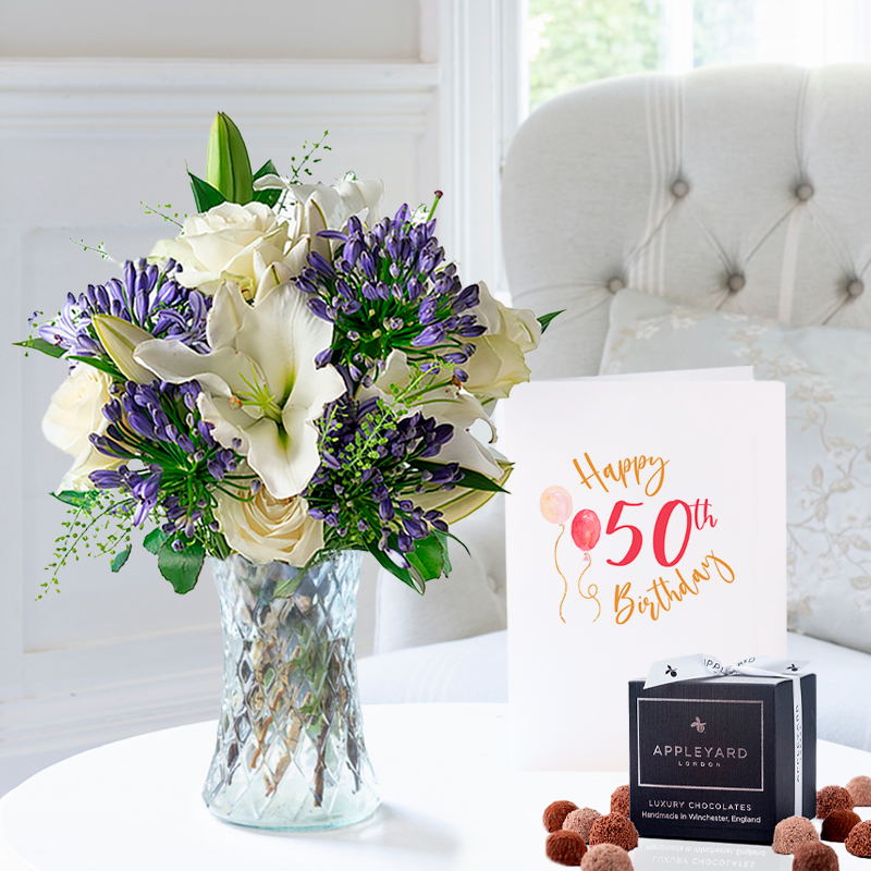 50th Birthday Gift Flower Gift Set - Birthday Gift - Lilies & Roses With Truffles - Next Day Flower & Gift Delivery UK - Appleyard London