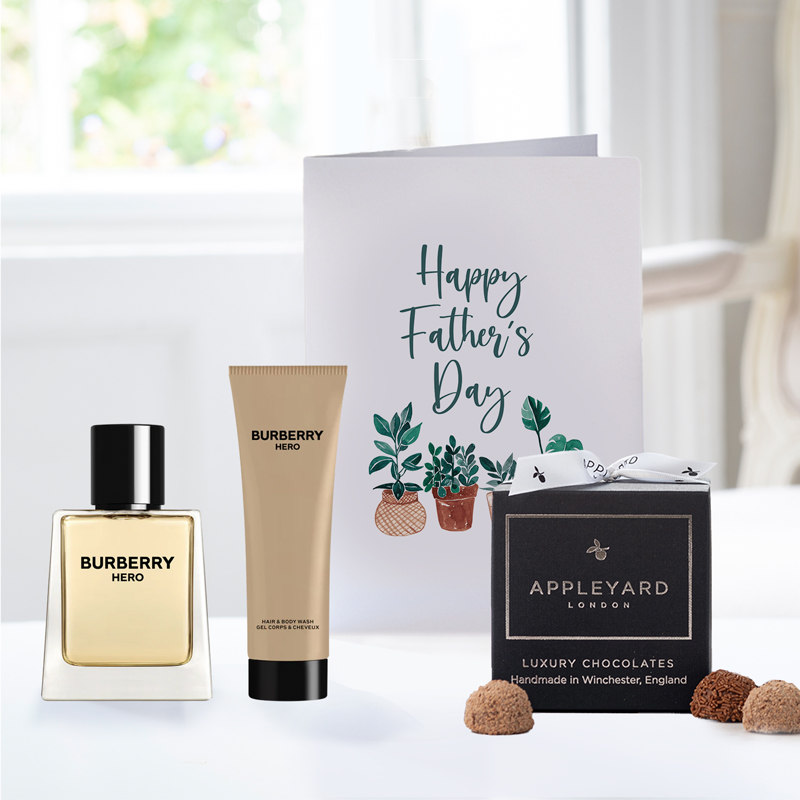 Burberry Hero Eau de Toilette (50ml) & Shower Gel (75ml), 12 Handmade Chocolate Truffles & Father's Day Card| Father's Day Delivered UK | Appleyard