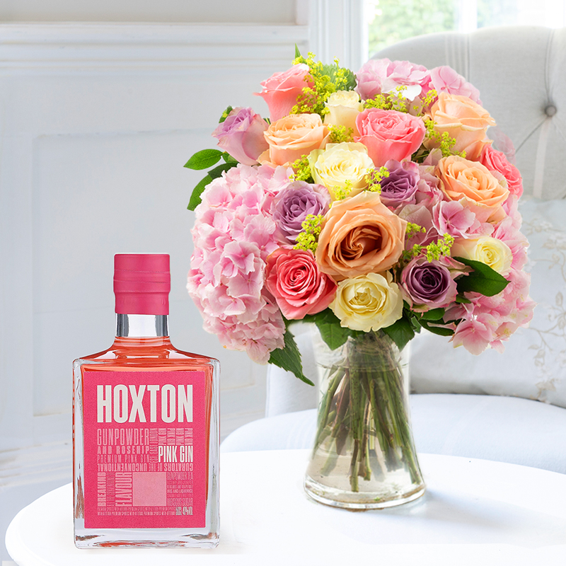 Flowers & Alcohol - Pink Hydrangeas with Peach, Pink, Lilac & White Roses, with Hoxton Pink Gin - Next Day Flower & Gift Delivery UK - Appleyard