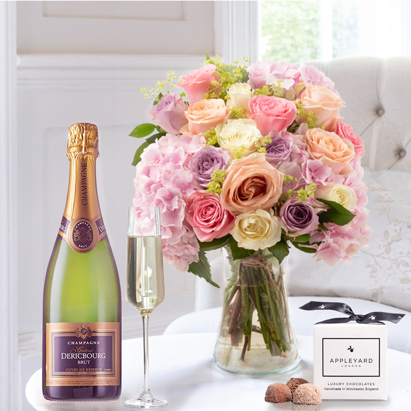 Flowers & Champagne Candy Clouds, Champagne Dericbourg & 6 Mixed Truffles - Next Day Flower & Gift Delivery UK - Appleyard London