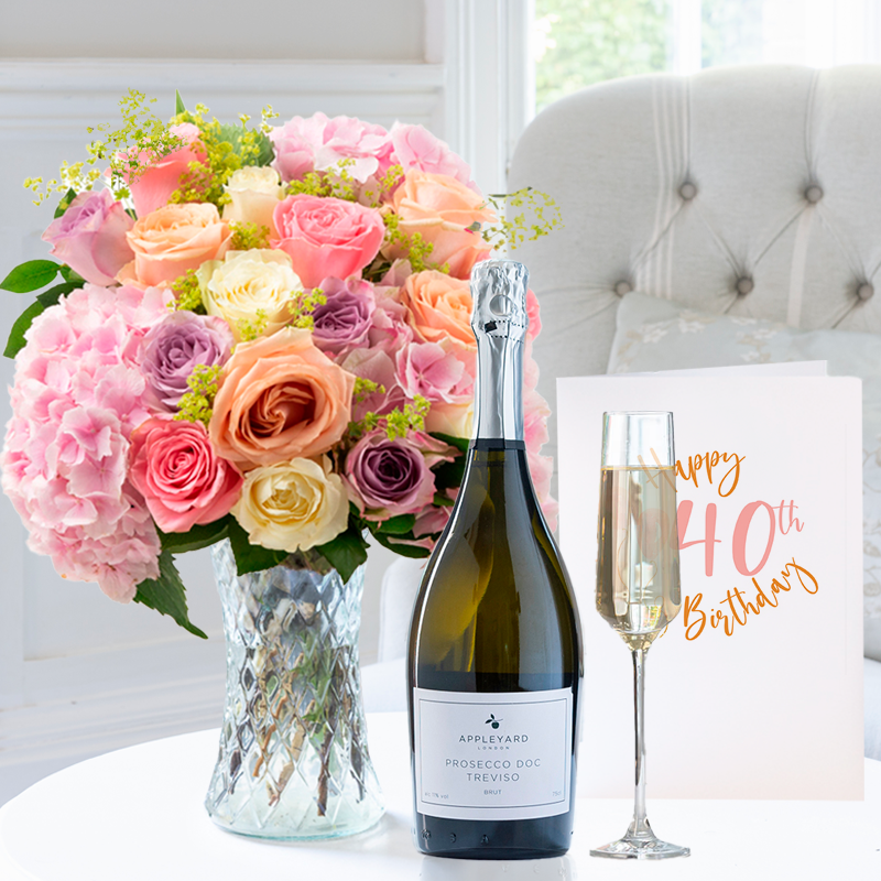 40th Birthday Gift Flower Gift Set - Birthday Gift - Roses & Hydrangea With Prosecco - Next Day Flower & Gift Delivery UK - Appleyard London