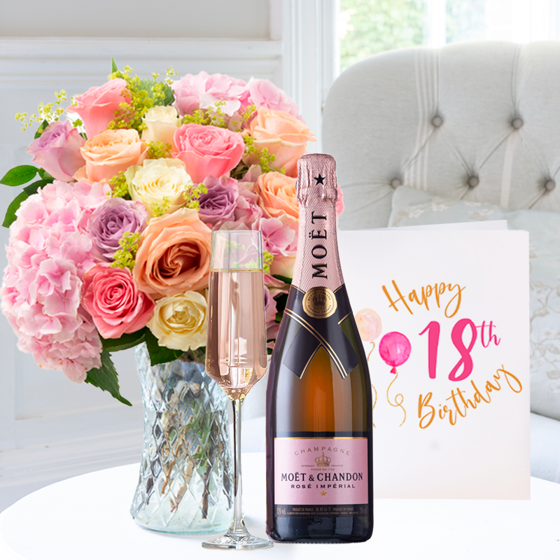 18th Birthday Gift Flower Gift Set - Candy Clouds, Moët Rosé & Birthday Card - Roses - Next Day Flower & Gift Delivery UK - Appleyard London