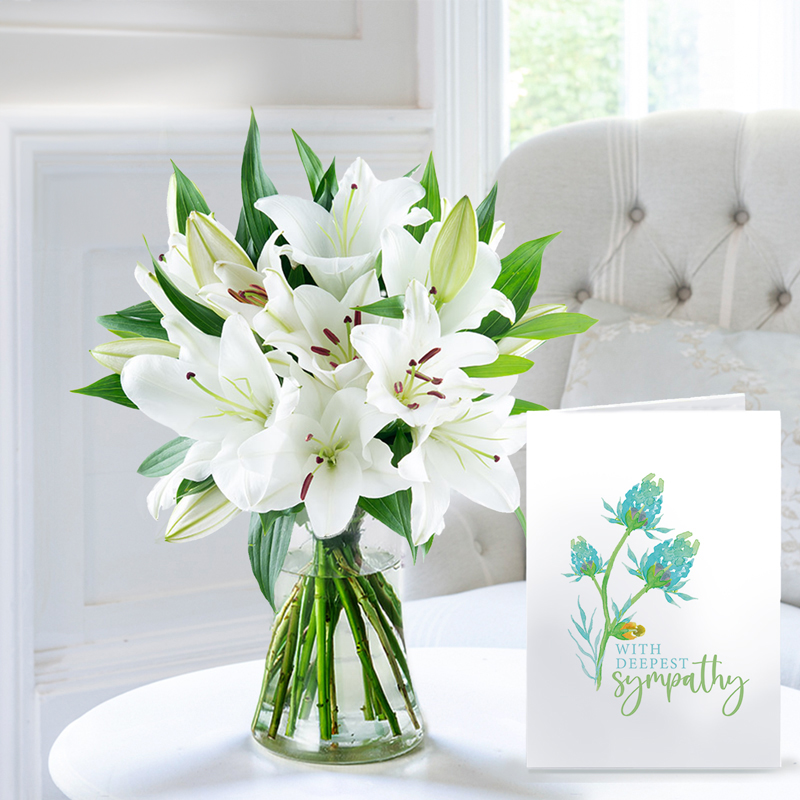 Sympathy Flower Gift Set Casablanca Lily Bouquet, Vase & Sympathy Card - White - Next Day Flower & Gift Delivery UK - Appleyard London