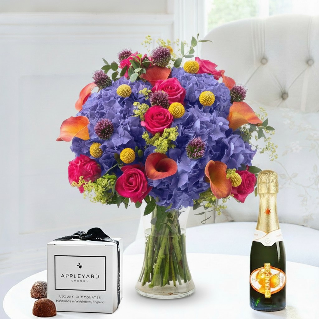 Flower Gift Set - Aurora, Mini Chandon Garden Spritz & 6 Mixed Truffles - Yellow - Lilies & Roses - Next Day Flower & Gift Delivery UK