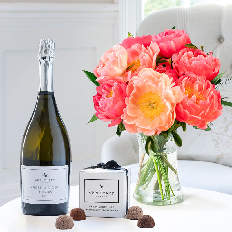 British Pink Peony,Organic Prosecco & 6 Mixed Truffles