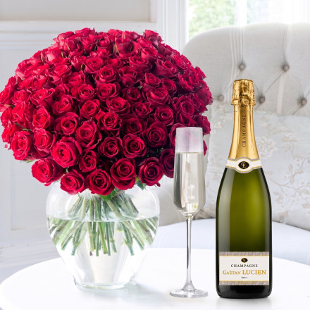 100 Luxury Red Roses & Lucien Gaeten Champagne (75cl)