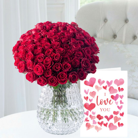 100 Luxury Red Roses, Premium Bubble Vase (23cm) & Romance Card