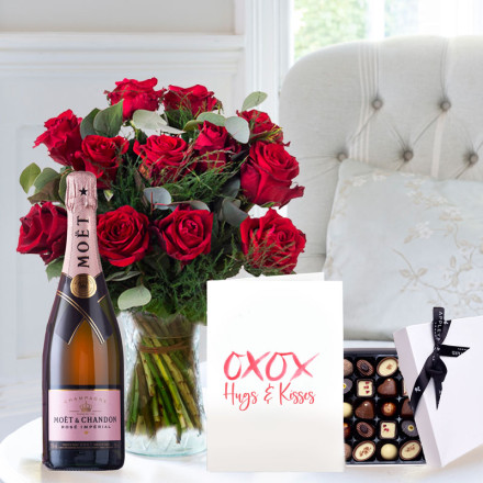 12 Large Headed Red Roses, Moët Rosé, Chocolates & Romance Card