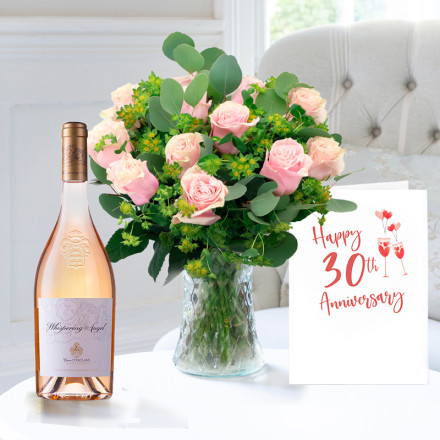Luxury Pink Roses, Whispering Angel (75cl) & 30th Anniversary Card