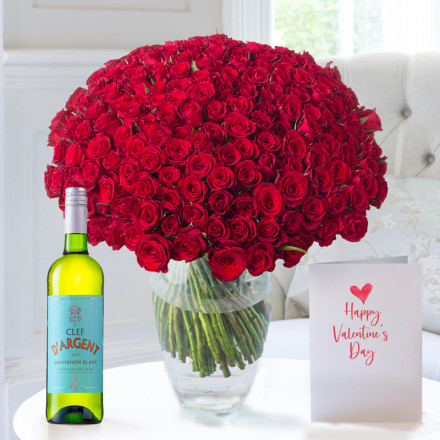 200 Luxury Red Roses, Clef D'Argent Sauvignon Blanc & Valentine's Card