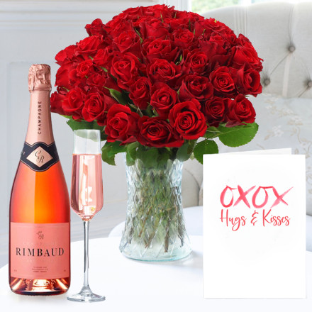 50 Classic Red Roses, Champagne Rimbaud Brut Rosé (75cl) & Romance Card