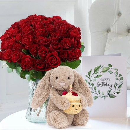 50 Classic Red Roses, Jellycat Birthday Bunny & Birthday Card (31cm)
