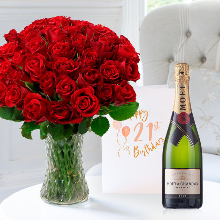 50 Classic Red Roses, Moët & Chandon (75cl) & 21st Birthday Card