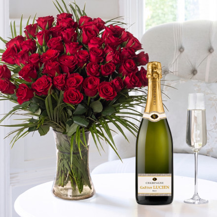 50 Luxury Red Roses & Lucien Gaeten Champagne (75cl)