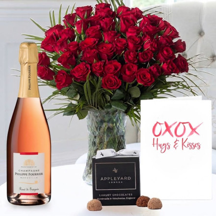 50 Luxury Red Roses, Philippe Fourier Rose Champagne (75cl), 12 Mixed Truffles & Romance Card
