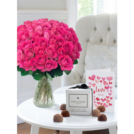 50 Pink Roses, 6 Truffles & Romance Card
