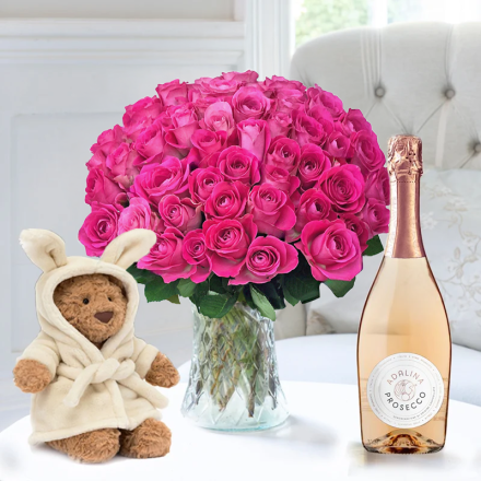 50 Pink Roses, Jellycat Bartholomew Bear Bathrobe (26cm) & Adalina Rosé Prosecco (75cl)