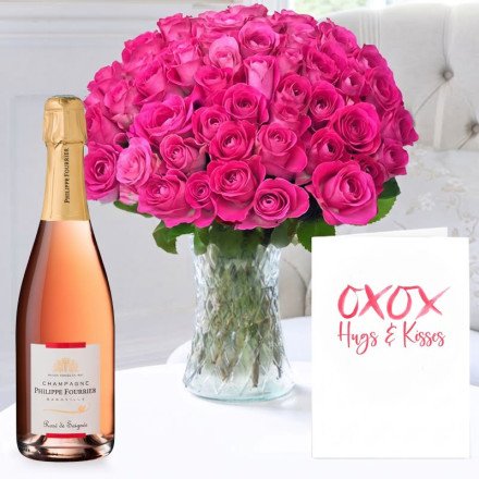 50 Pink Roses, Philippe Fourier Rose Champagne (75cl) & Romance Card